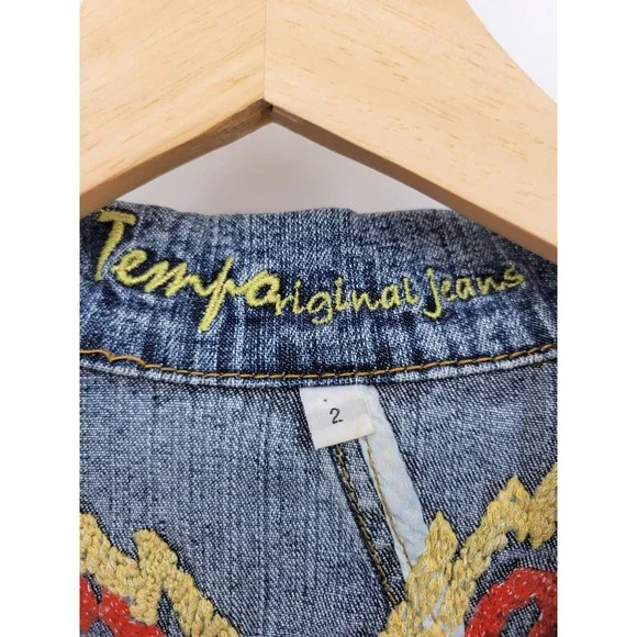 Tempo 2 Denim Jean Jacket Embroidered Collared Yellow Red Y2K 90s Cotton Flower - Picture 8 of 10